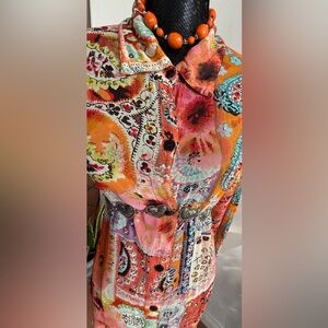 Half Moon Bay Paisley Sequin & Beaded Boho Print Button-Up Tunic Size XL